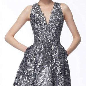 Silver Jovani V-neck sequin dress w/ pockets
